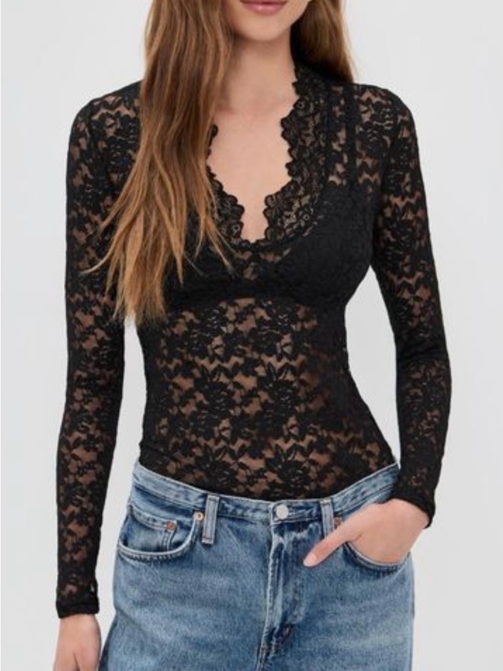 Free People All Day Lace Top Black Sheer Floral Lace Long Sleeve 
Size Medium